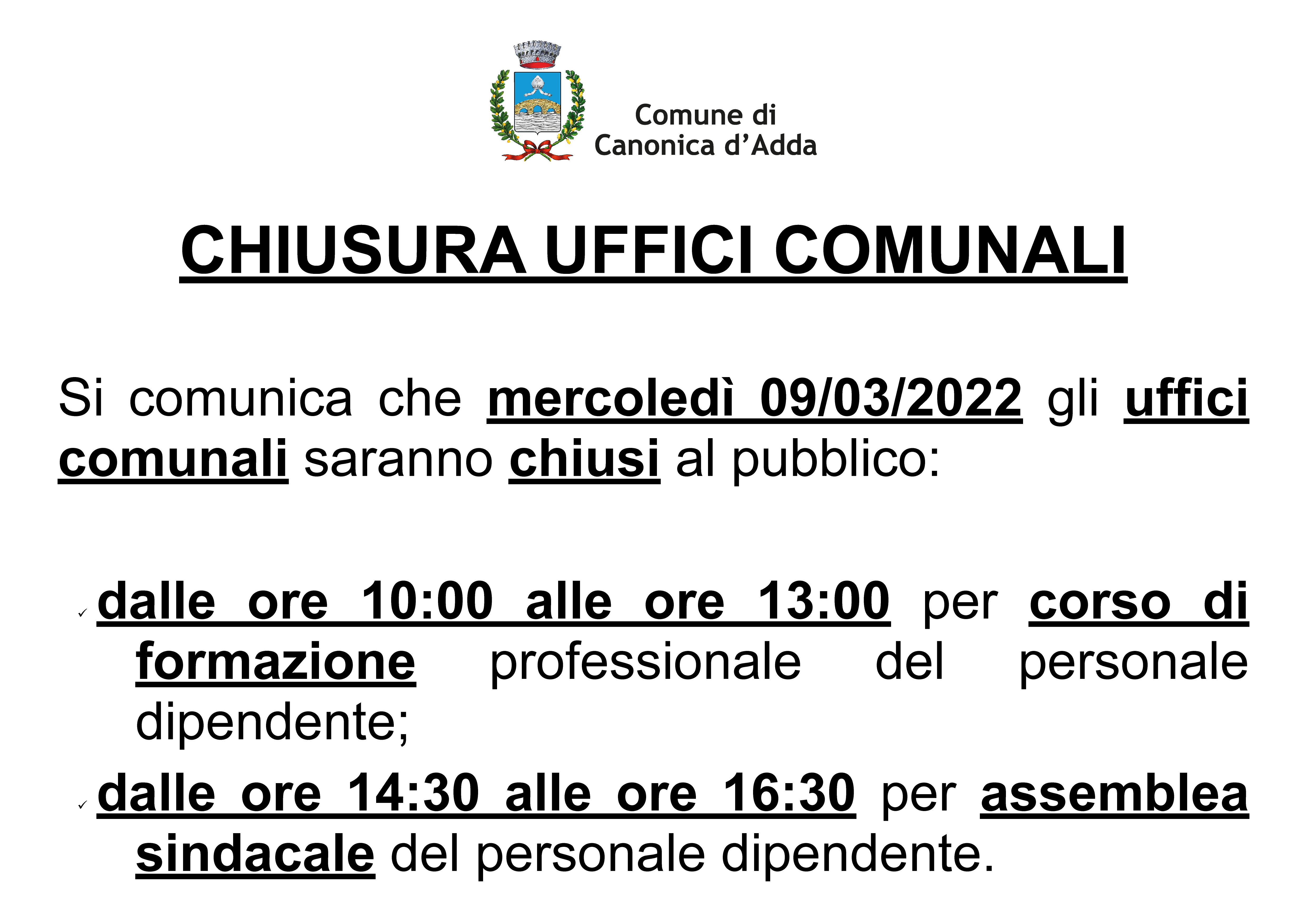 Immagine CHIUSURA UFFICI COMUNALI - 9 Marzo 2022