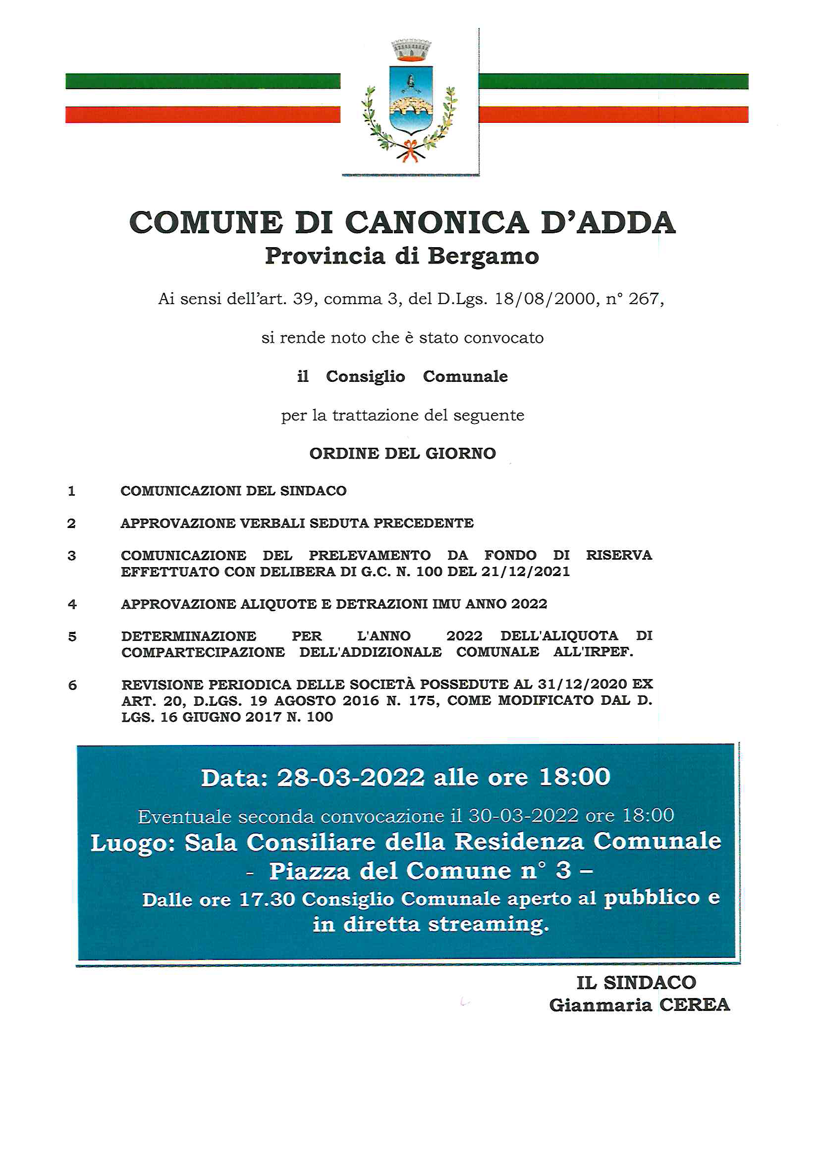 Immagine Consiglio Comunale del 28 Marzo 2022