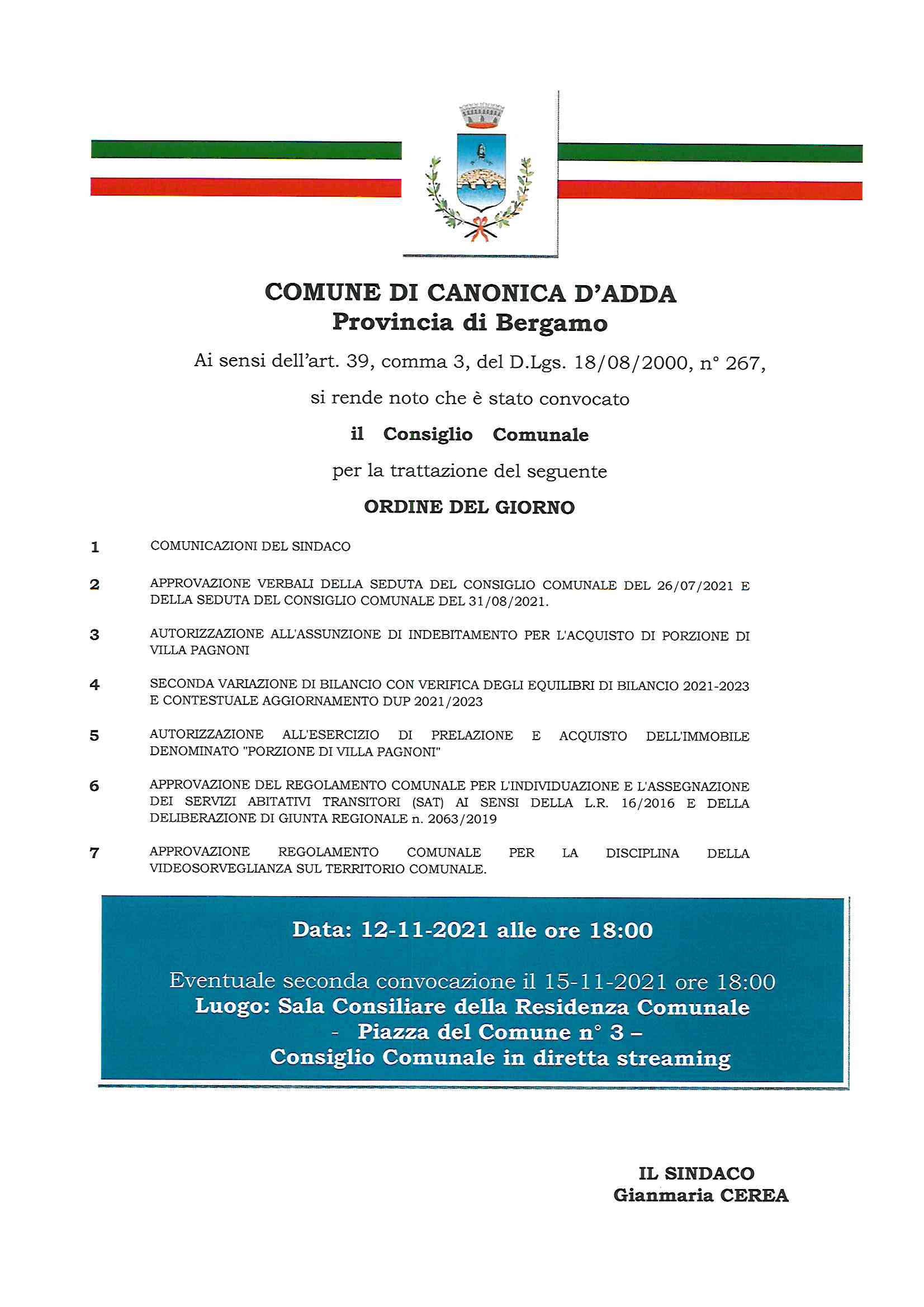 Immagine Consiglio Comunale del 12 Novembre 2021