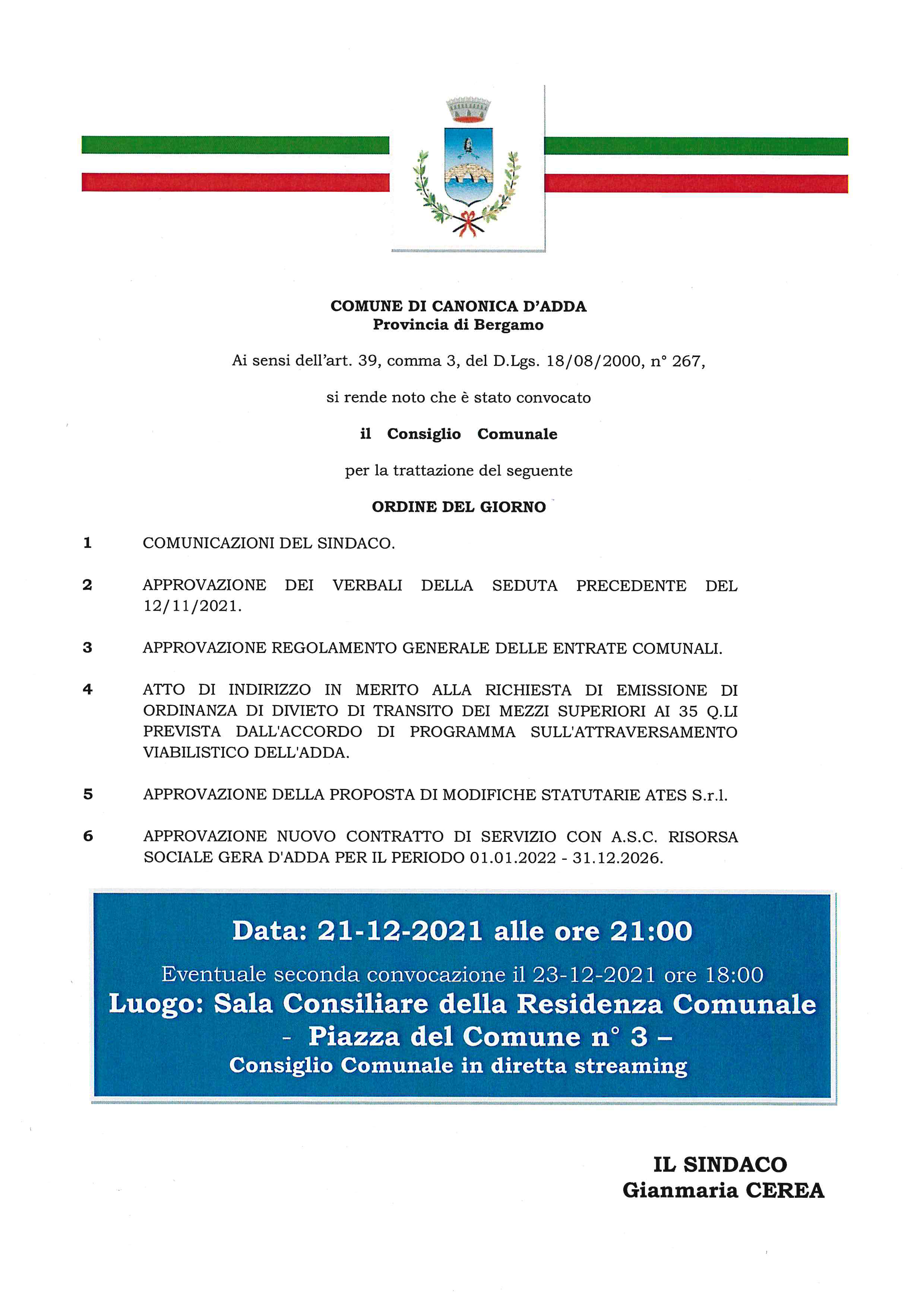 Immagine Consiglio Comunale del 21 Dicembre 2021