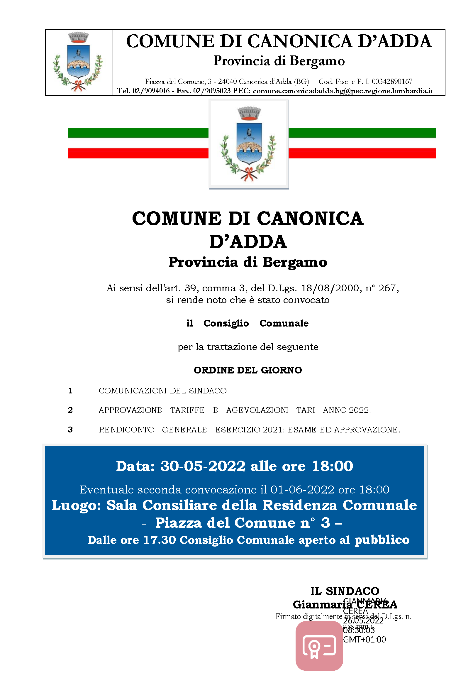 Immagine Consiglio Comunale del 30 Maggio 2022