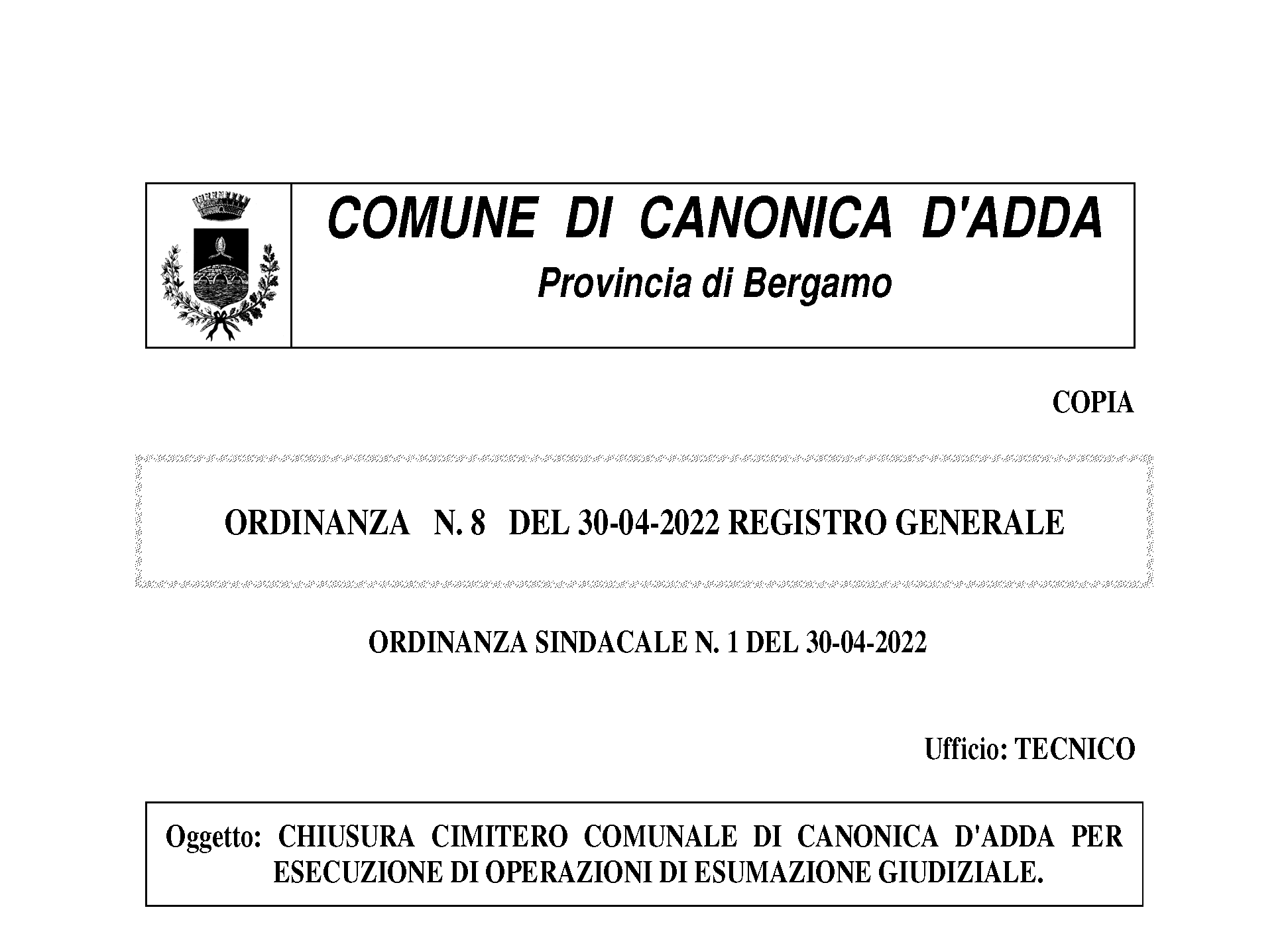 Immagine ORDINANZA CHIUSURA CIMITERO COMUNALE