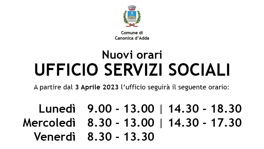 Immagine Nuovi orari UFFICIO SERVIZI SOCIALI