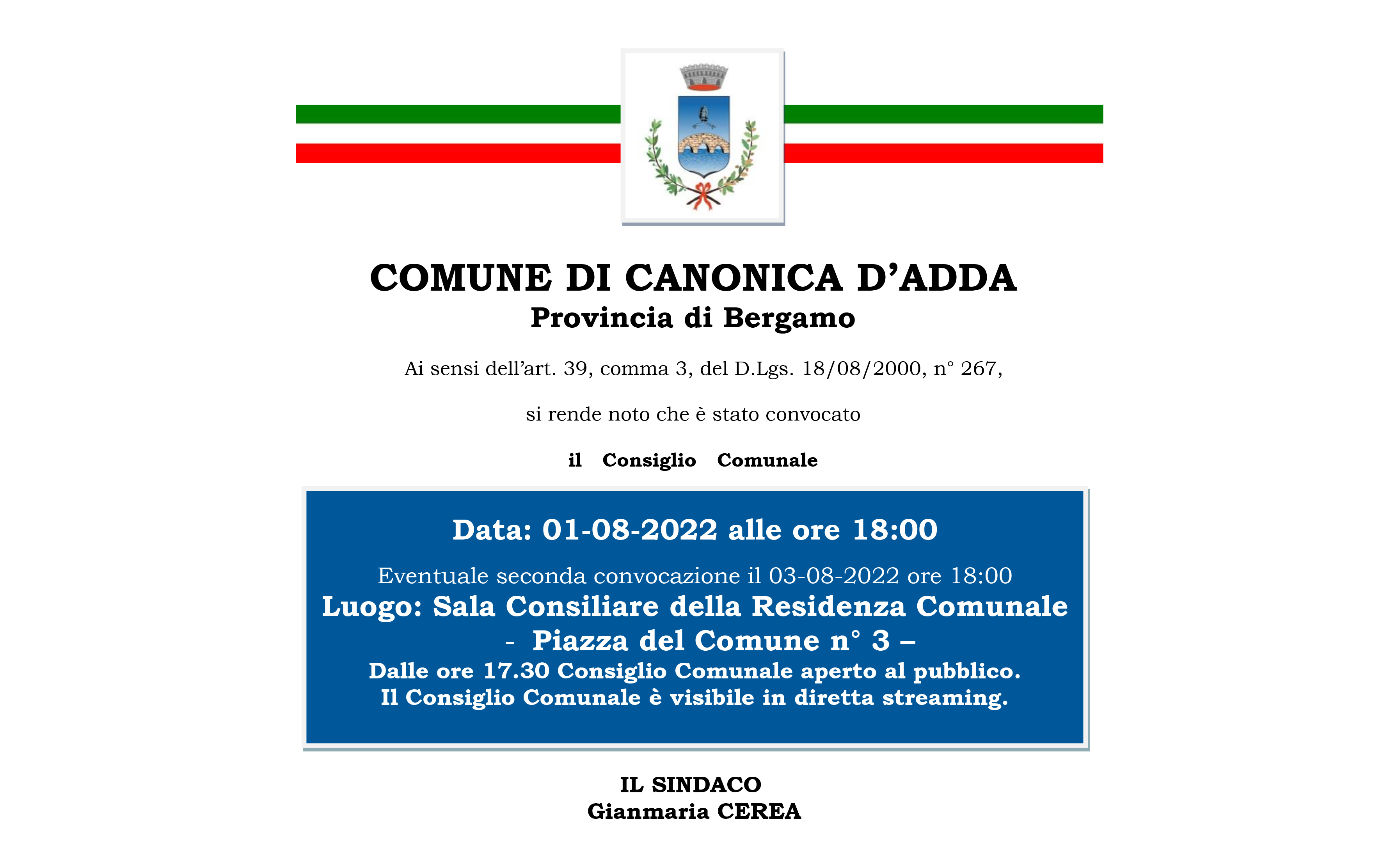 Immagine Consiglio Comunale del 1 Agosto 2022