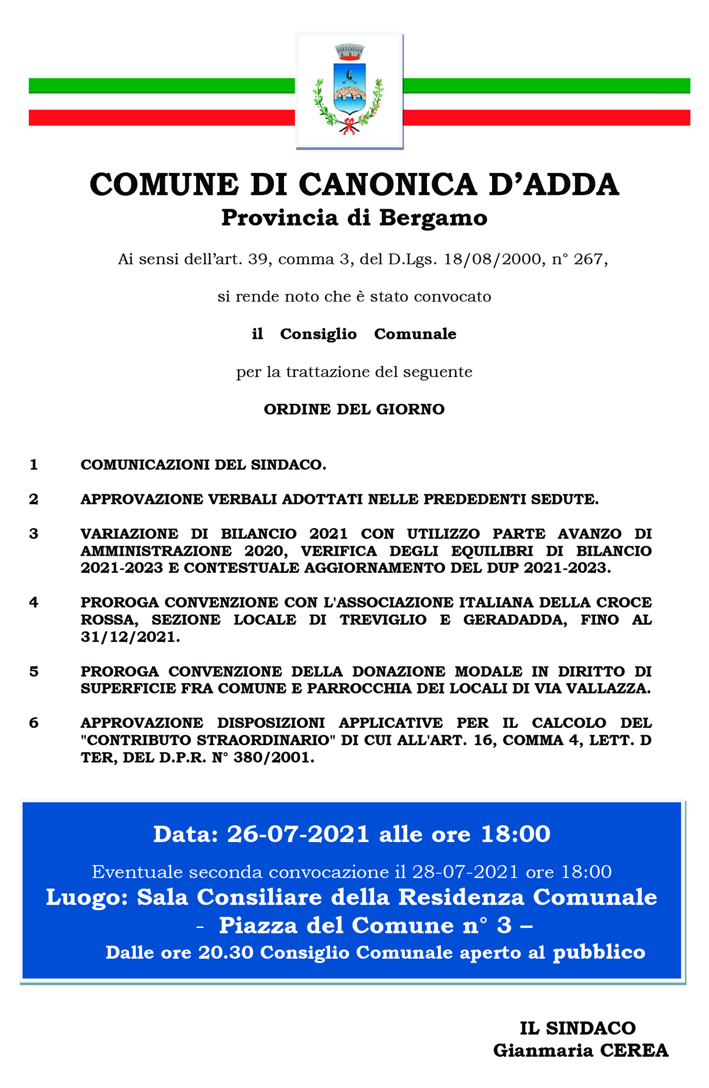 Immagine Consiglio Comunale del 26 Luglio 2021