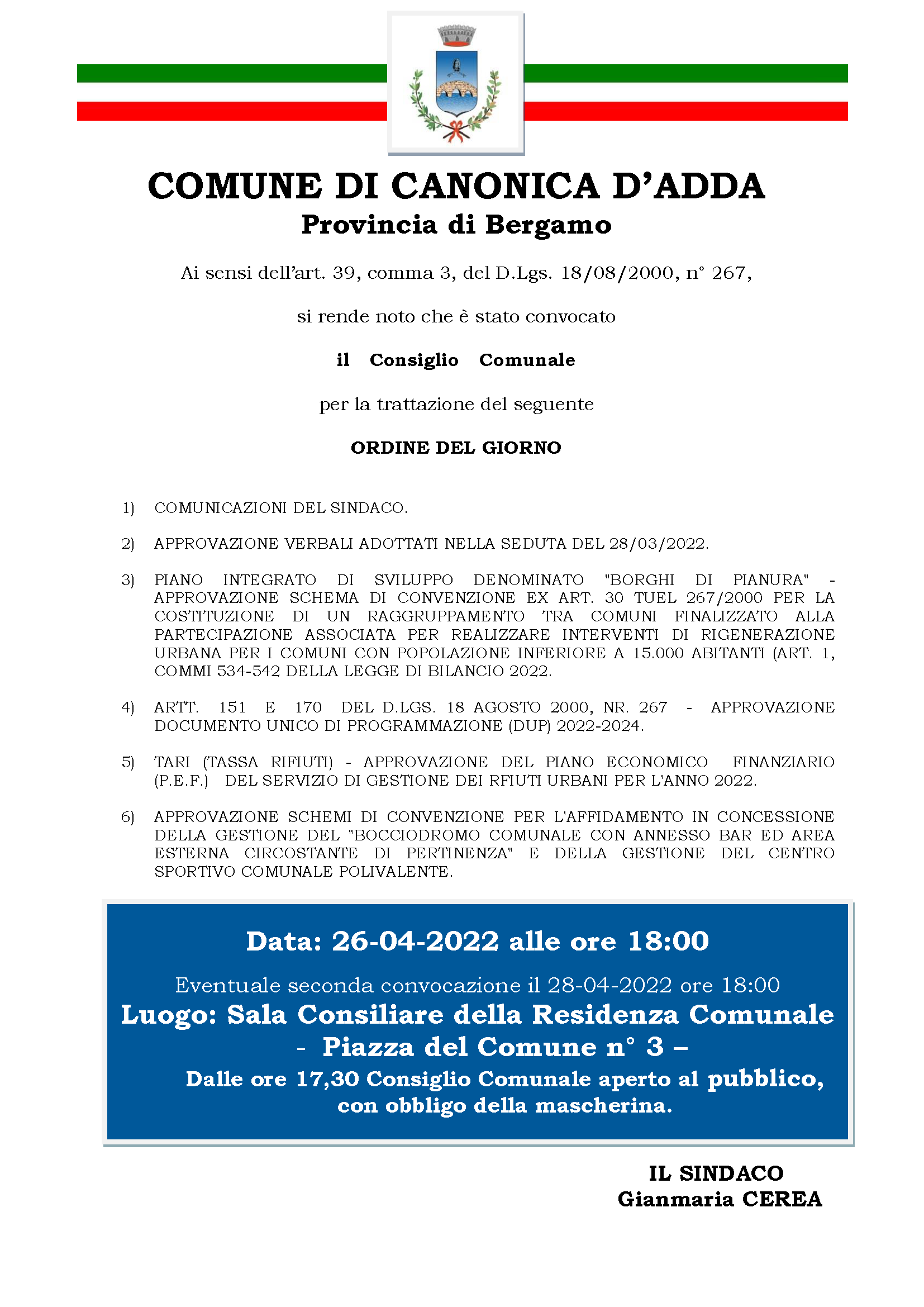 Immagine Consiglio Comunale del 26 Aprile 2022