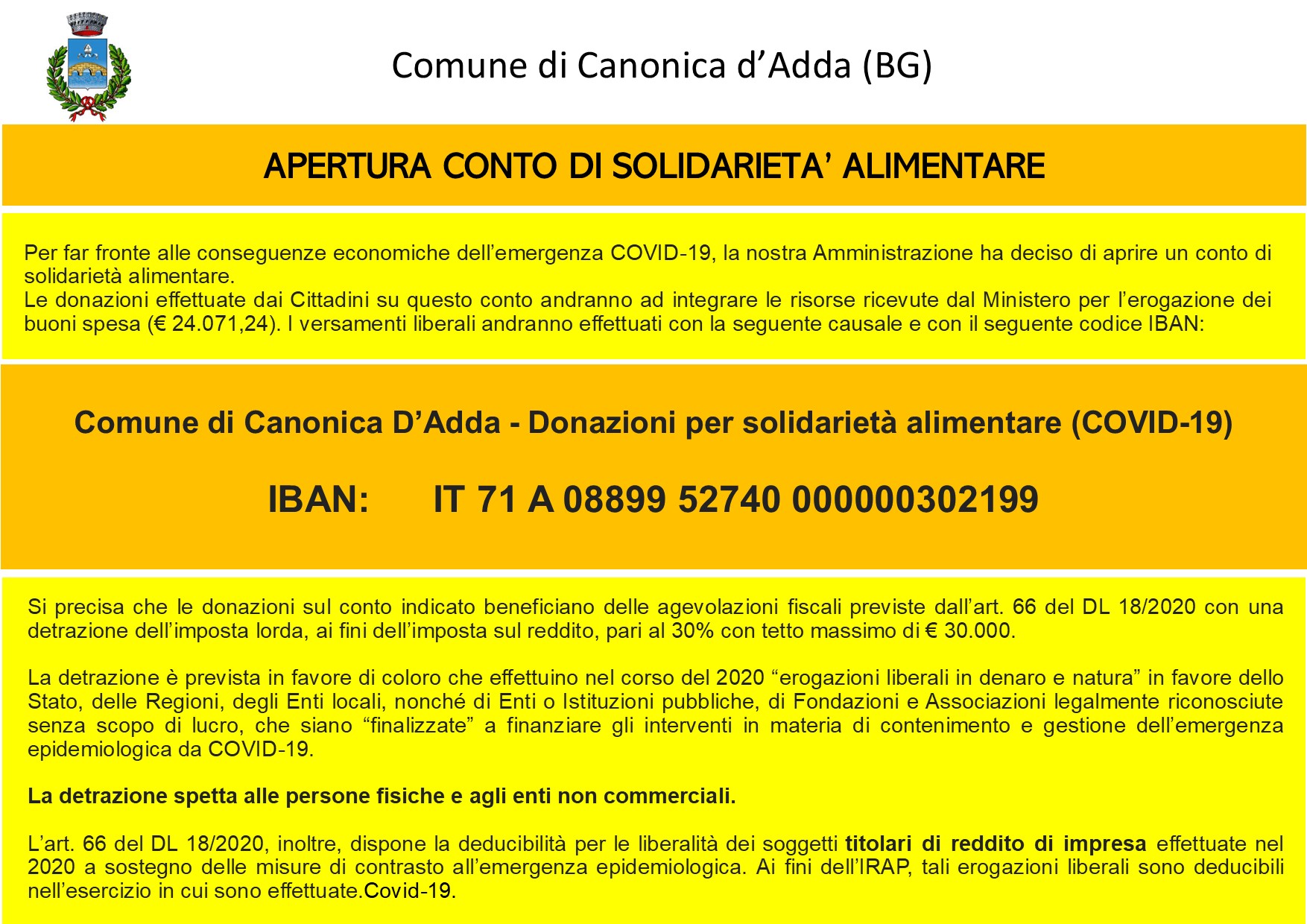 Immagine APERTURA CONTO DI SOLIDARIETA' ALIMENTARE