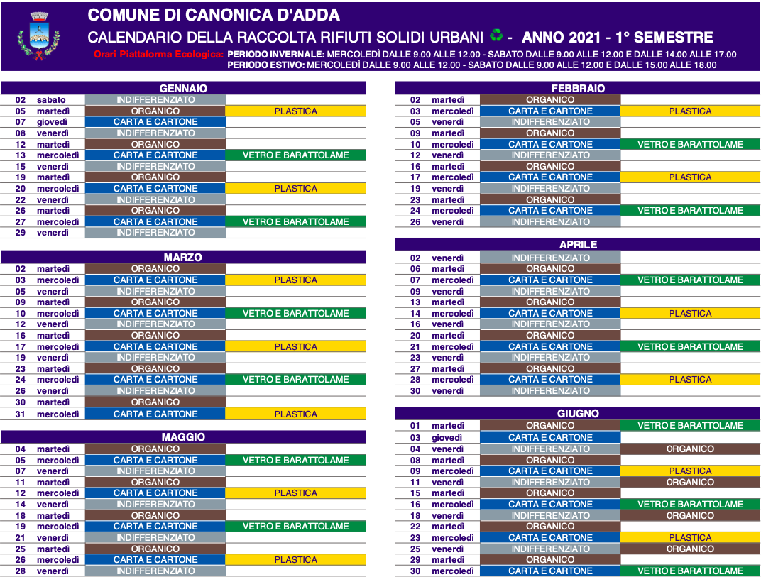 Immagine Calendario Raccolta Rifiuti Solidi Urbani 2021