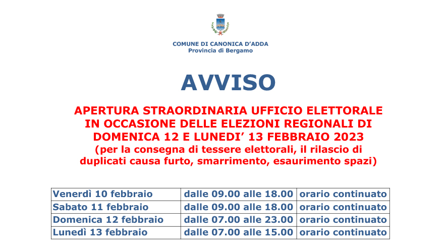 Immagine ELEZIONI REGIONALI DEL 12 E 13 FEBBRAIO 2023 - APERTURA STRAORDINARIA UFFICIO ELETTORALE