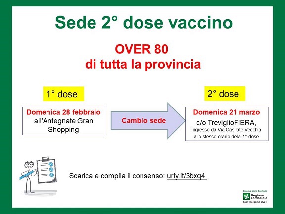 Immagine Comunicazione importante: Ai cittadini che hanno effettuato la 1° dose del vaccino il 28/02 ad Antegnate Over 80: cambio sede