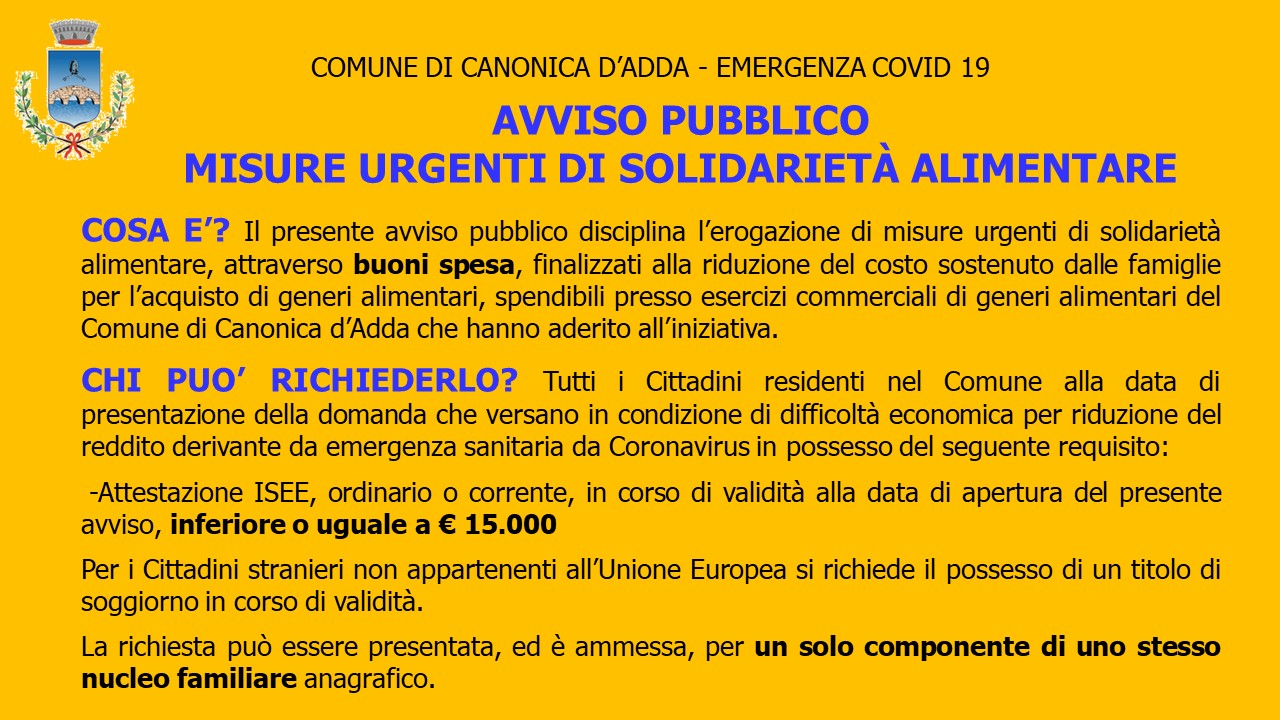 Immagine AVVISO PUBBLICO: MISURE URGENTI DI SOLIDARIETÀ ALIMENTARE PER L'EMERGENZA EPIDEMIOLOGICA DA VIRUS COVID – 19