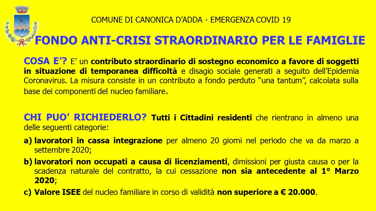 Immagine FONDO ANTI-CRISI STRAORDINARIO PER LE FAMIGLIE